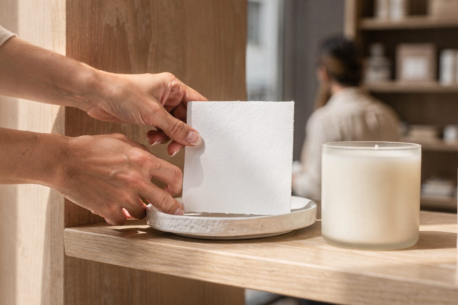 A pair of hands arranging a small curated vignette — a ceramic dish and a candle on a wooden shelf at Pongo Lifestyle