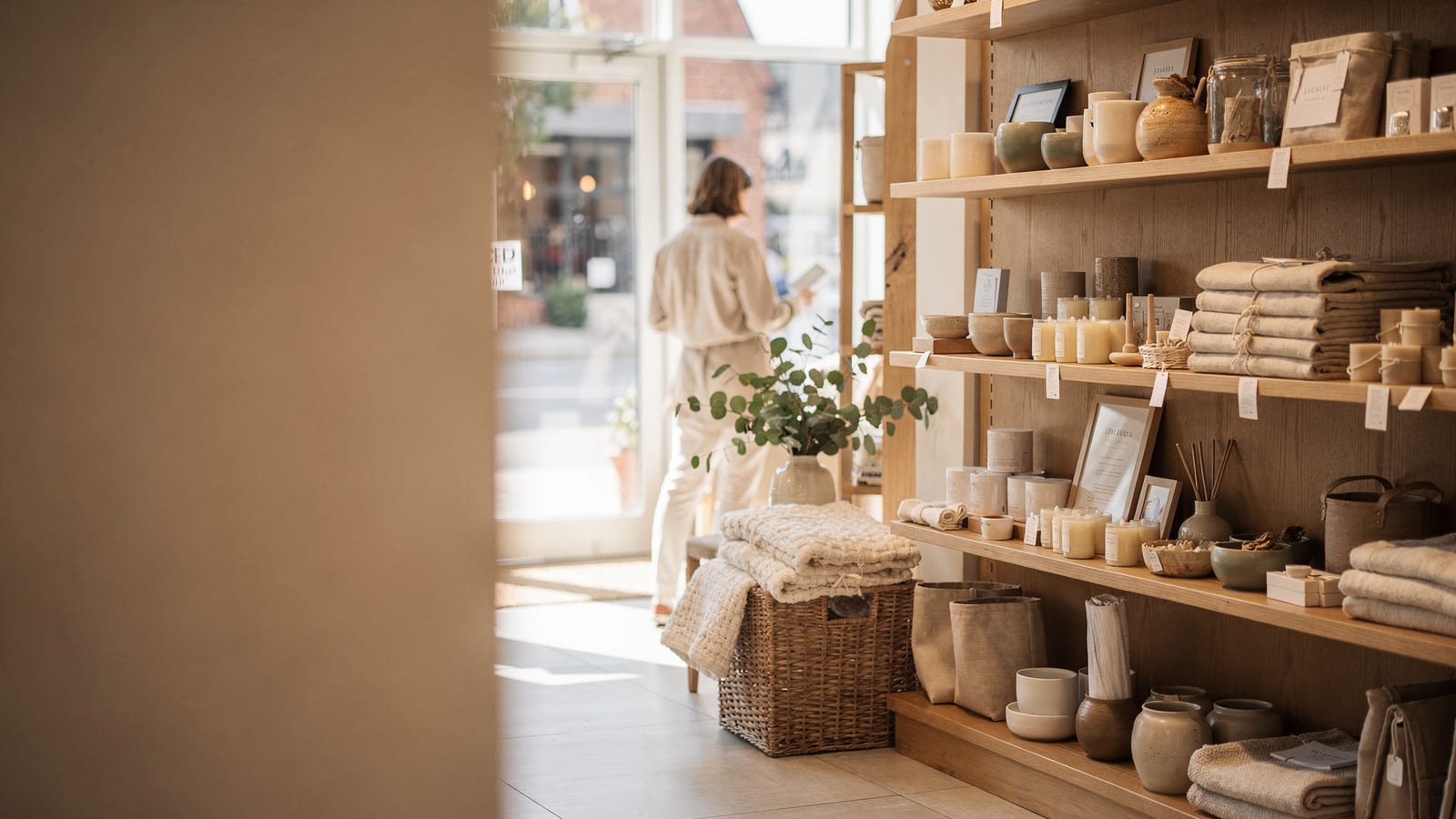 Inside Pongo Lifestyle — warm wood shelves styled with ceramics, candles and curated gifts, soft daylight from the storefront window